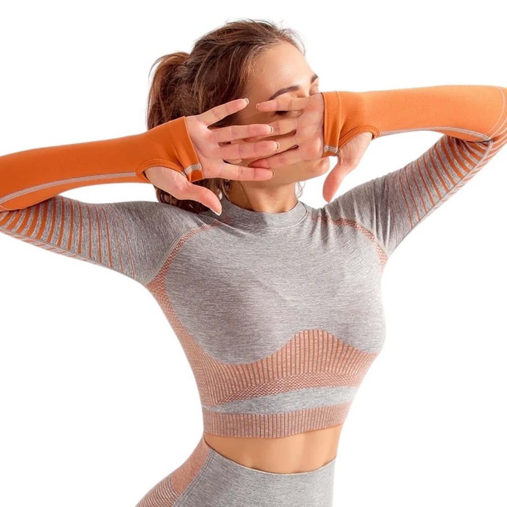 DHgate Heather Gray and Orange Ombré Long Sleeve Activewear Crop Top Size Small - Picture 6 of 6